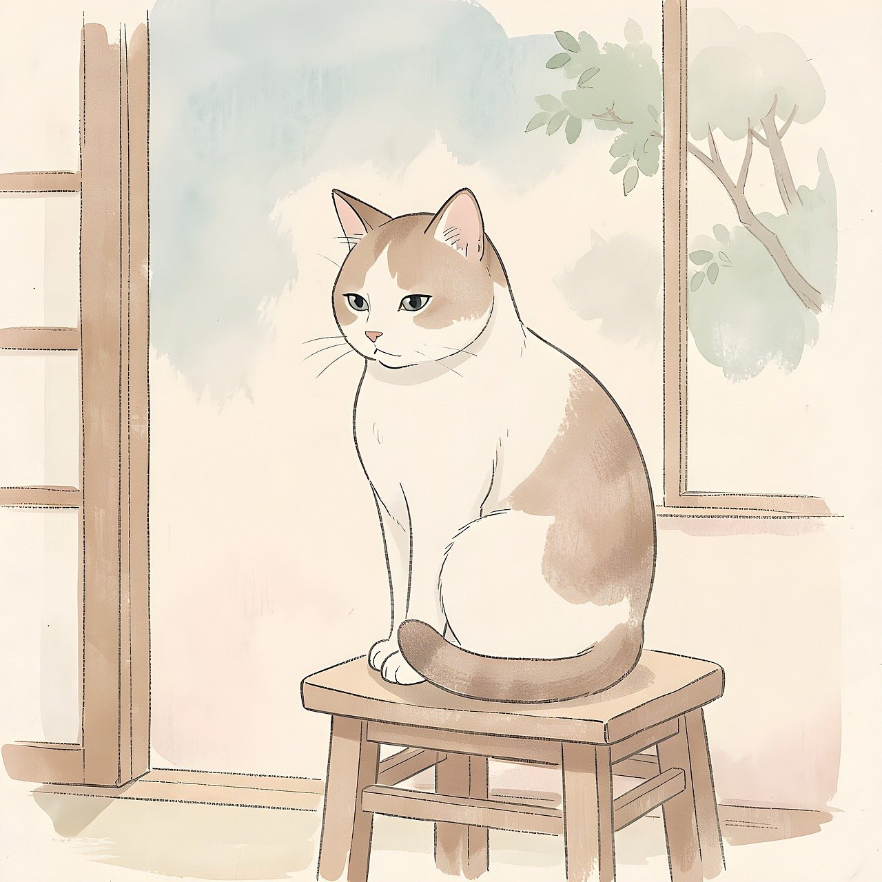 cat, pet, animal, nature, feline, kitten, cute, portrait, mammal, domestic, wildlife, tabby, sitting, thinking, stool, indoors, watercolor, painting-10153686.jpg
