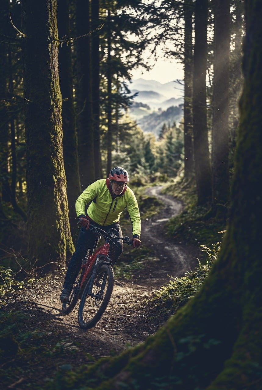 mountain biking, forest trail, cyclist, mountains, nature, cycling, adventure, sport, outdoors, slope, motion, trees, clear, bike, adult male, natural beauty, solitary, ahead, road, challenging-10328547.jpg